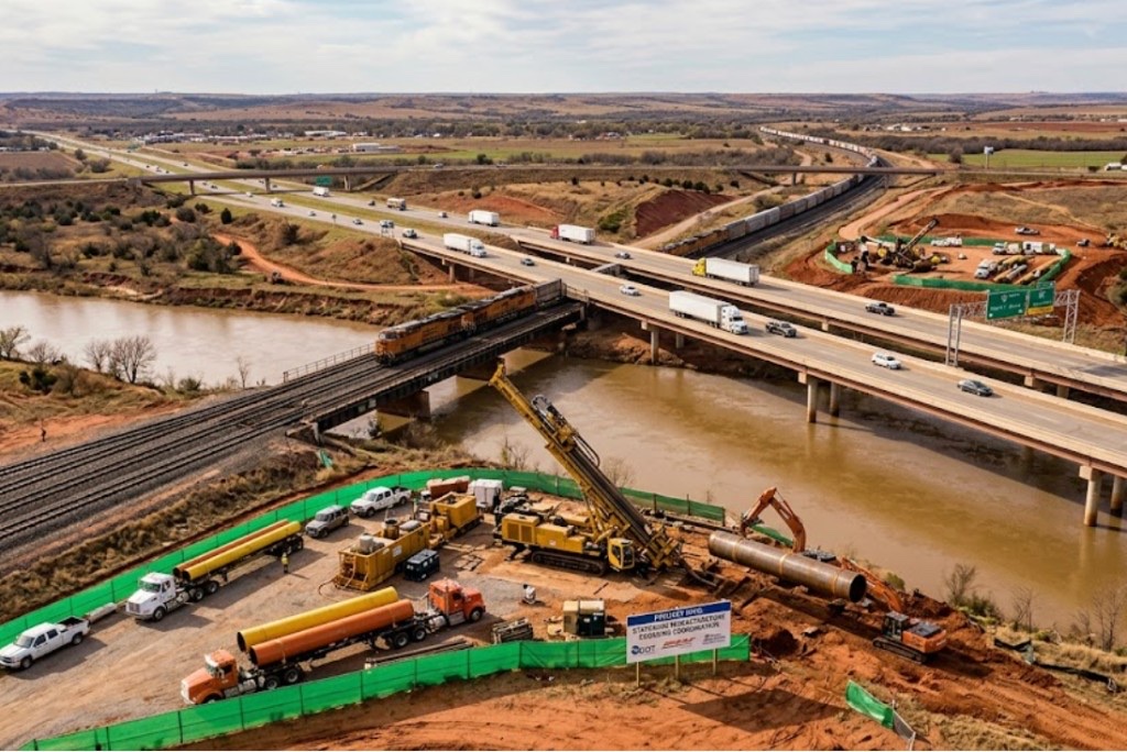 Large-scale New Mexico highway and railroad HDD crossing operation with directional boring equipment and crew
