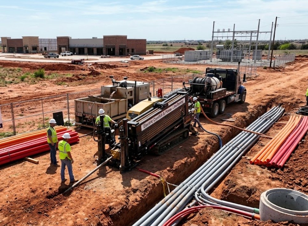 Horizontal directional drilling installing high voltage electric conduit underground at New Mexico power line project