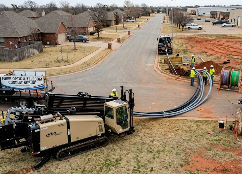 Horizontal directional drilling crew installing underground fiber optic conduit along New Mexico commercial corridor