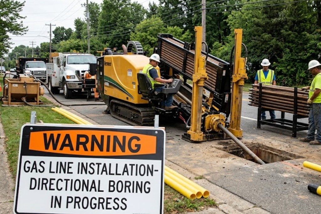 Directional boring gas line installation in progress on residential street with Vermeer HDD equipment New Mexico