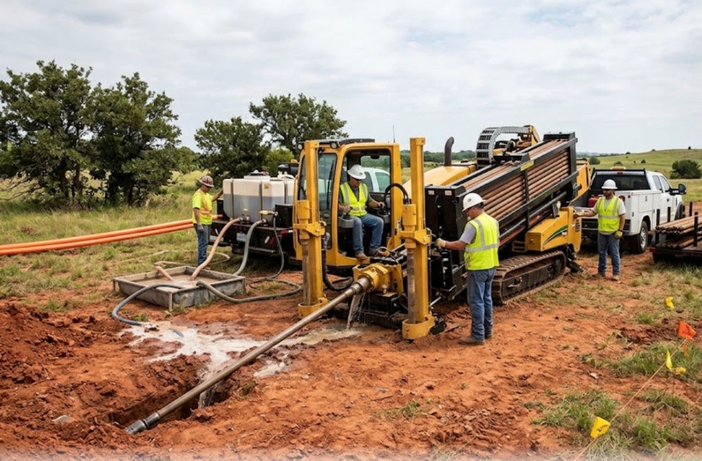 Ditch Witch horizontal directional drill rig and mud pump truck on active HDD utility construction site in New Mexico