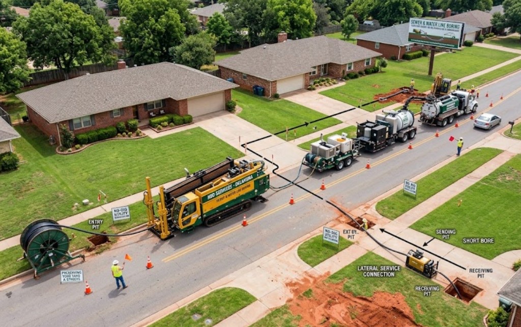 directional drilling crew installing orange HDPE conduit along a New Mexico roadside with support trucks