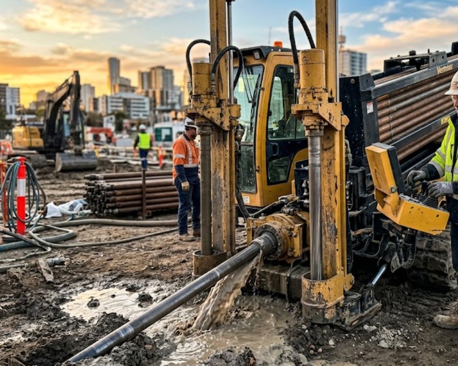 close-up of directional boring machine inserting drill pipe into entry pit with drilling fluid