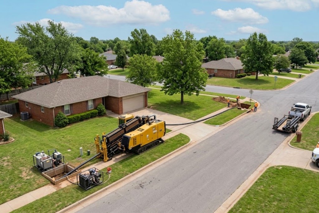 Directional drilling in Clovis, NM — Vermeer directional drill rig installing utilities in a New Mexico residential neighborhood with minimal surface disruption