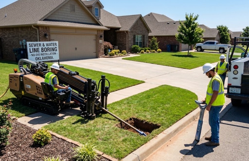 HDD rig performing trenchless sewer and water line installation in urban New Mexico neighborhood